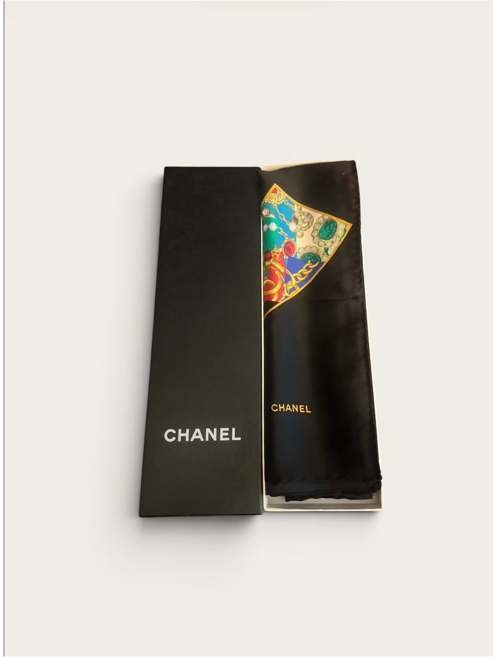 CHANEL Black Silk Scarf with Multicolor CC Motif - Picture 4 of 4